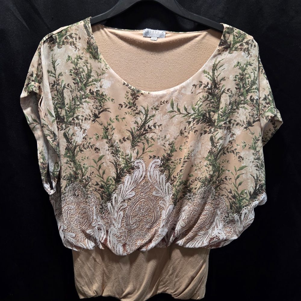 Joseph A. Layered Sheer Blouse L Beige Floral Print Kimono Sleeve